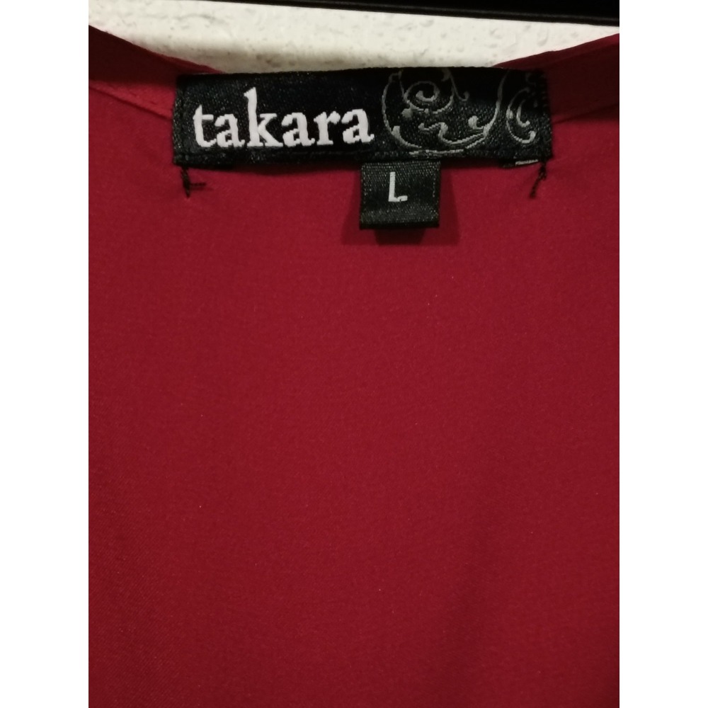 Takara Women's Red Kaftan Top With Black Lace Trim Cinched Elastic Waist Size L - Picture 6 of 7